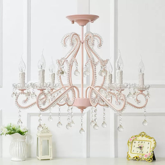 Macaron Kids Bedroom Chandelier- 6-Light Ceiling Fixture with Candle and Clear Crystal Decoration