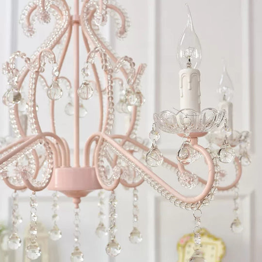 Macaron Kids Bedroom Chandelier- 6-Light Ceiling Fixture with Candle and Clear Crystal Decoration