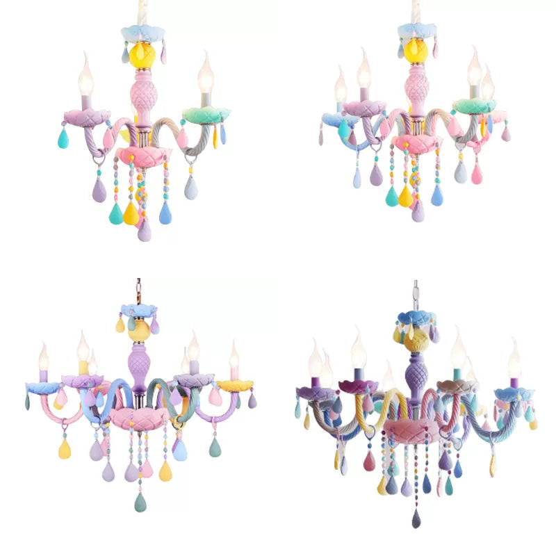 Girls Room Chandelier Lamp: Multicolor Pendant Lighting With Adjustable Chain And Candle Perfect For