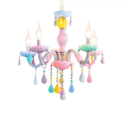 Girls Room Chandelier Lamp: Multicolor Pendant Lighting With Adjustable Chain And Candle Perfect For