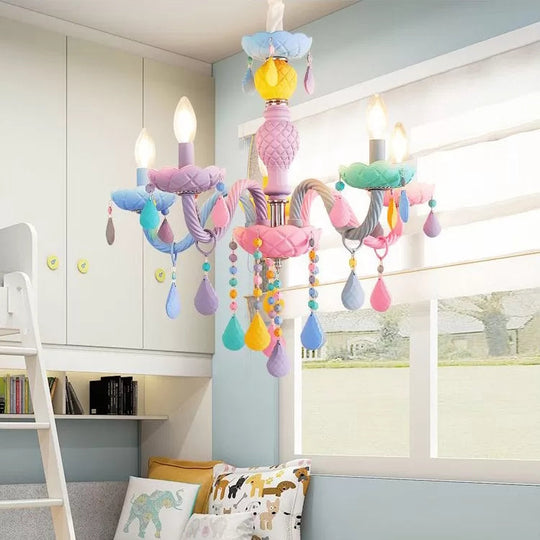 Girls Room Chandelier Lamp: Multicolor Pendant Lighting With Adjustable Chain And Candle Perfect For