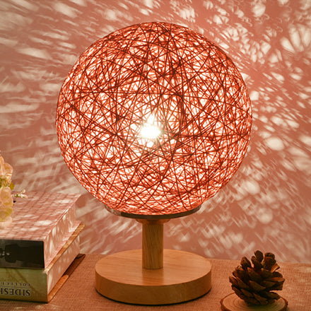 Contemporary Rattan Hand-Woven Table Lamp - 6/7 W 1 Bulb White/Red Global Shade Wooden Base