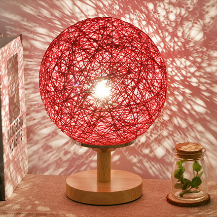 Contemporary Rattan Hand-Woven Table Lamp - 6/7 W 1 Bulb White/Red Global Shade Wooden Base