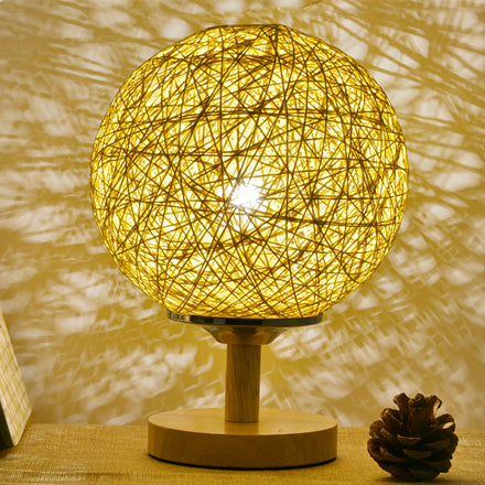 Contemporary Rattan Hand-Woven Table Lamp - 6/7 W 1 Bulb White/Red Global Shade Wooden Base