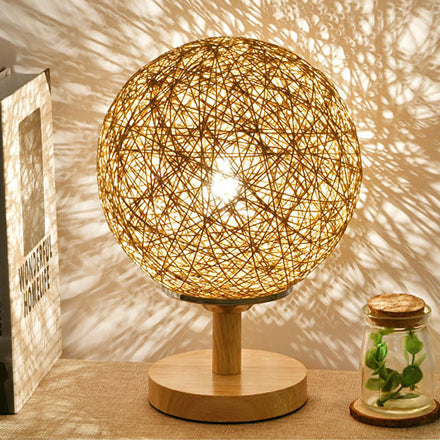 Contemporary Rattan Hand-Woven Table Lamp - 6/7 W 1 Bulb White/Red Global Shade Wooden Base Flaxen /