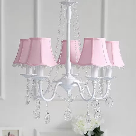 5-Light Baby Crystal Chandelier With Flared Fabric Shade 23.5 H X 22.5 Dia. Pink