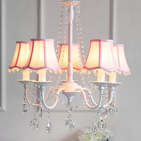 5-Light Baby Crystal Chandelier With Flared Fabric Shade 23.5 H X 22.5 Dia.