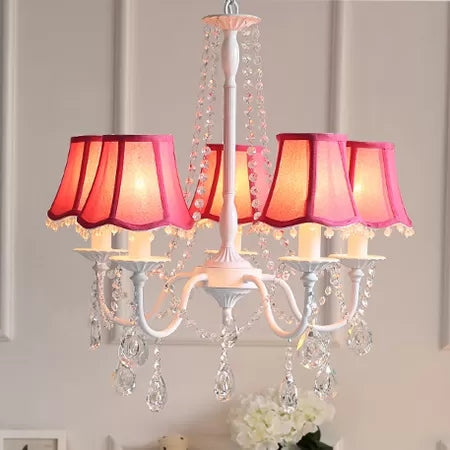 5-Light Baby Crystal Chandelier With Flared Fabric Shade 23.5 H X 22.5 Dia.