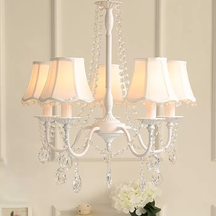 5-Light Baby Crystal Chandelier With Flared Fabric Shade 23.5 H X 22.5 Dia.