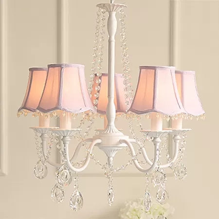 5-Light Baby Crystal Chandelier With Flared Fabric Shade 23.5 H X 22.5 Dia.