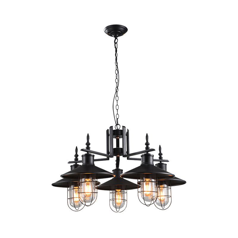 Industrial Black Cone Chandelier - 5-Light Clear Glass Pendant Light Fixture with Iron Cage for Dining Room