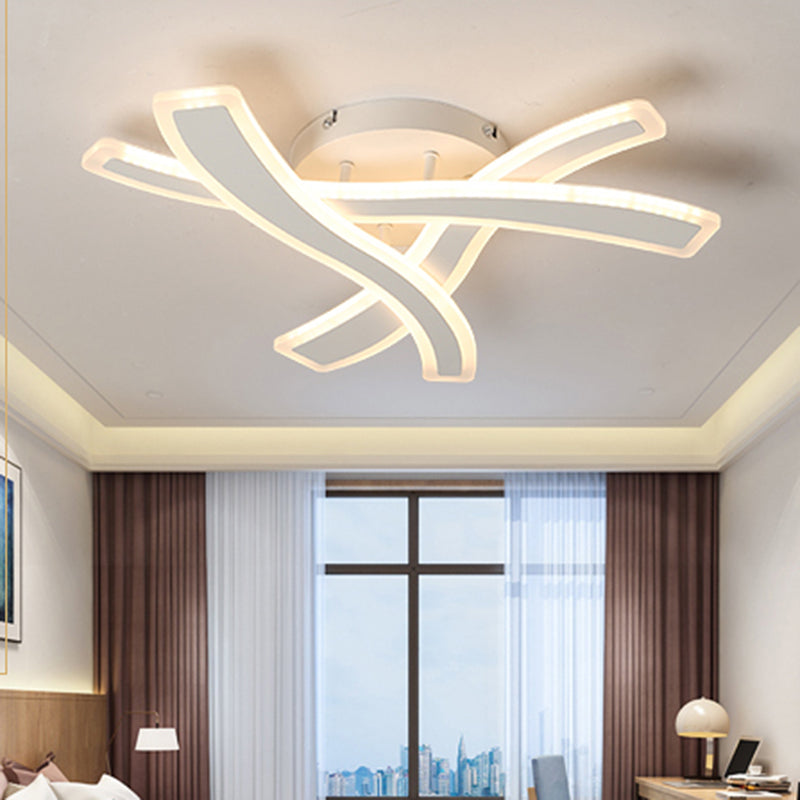 Modern Semi-Flush Acrylic LED Ceiling Light for Bedroom - Crossed Line Design, Warm/White Light