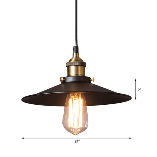 Retro Stylish Metallic Flat Shade Ceiling Pendant With 1 Bulb - Coffee Shop Hanging Lamp In Black