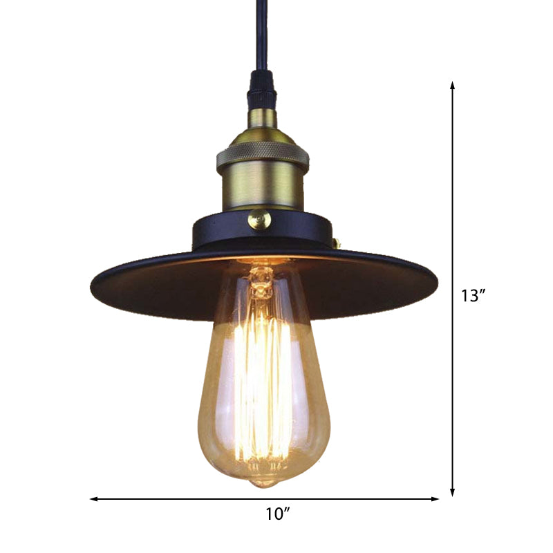 Retro Stylish Metallic Flat Shade Ceiling Pendant With 1 Bulb - Coffee Shop Hanging Lamp In Black