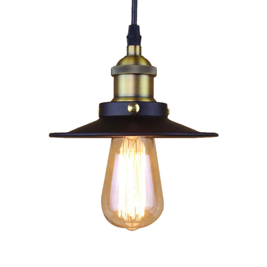 Retro Stylish Metallic Flat Shade Ceiling Pendant With 1 Bulb - Coffee Shop Hanging Lamp In Black