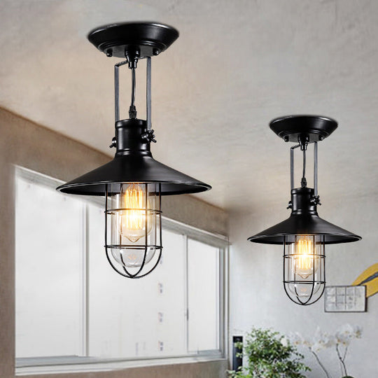 Nautical Cone Semi Flush Mount Light - 1 Head Metal Ceiling Fixture with Cage Shade in Black