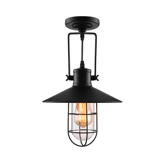 Nautical Cone Semi Flush Mount Light - 1 Head Metal Ceiling Fixture with Cage Shade in Black