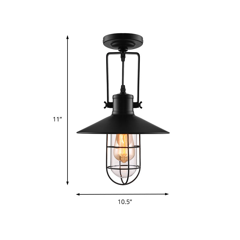 Nautical Cone Semi Flush Mount Light - 1 Head Metal Ceiling Fixture with Cage Shade in Black