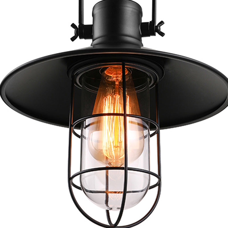 Nautical Cone Semi Flush Mount Light - 1 Head Metal Ceiling Fixture with Cage Shade in Black