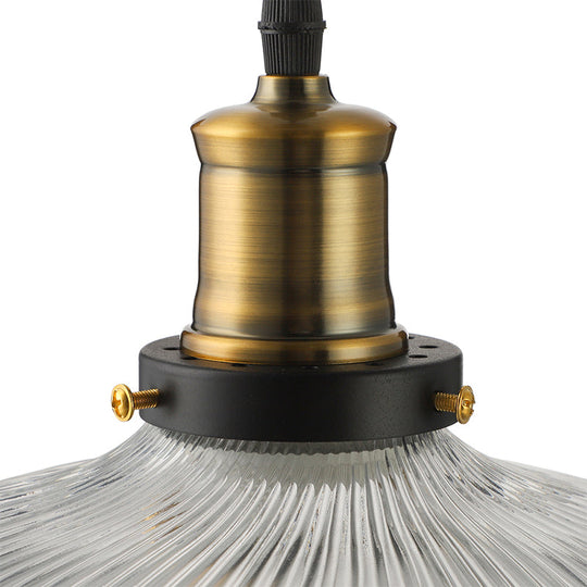 Industrial Dome-Shaped Ribbed Glass Pendant Light - 1-Light Ceiling Lamp For Coffee Shop In Brass