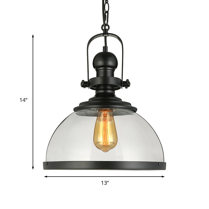 Industrial Black Glass Pendant Lamp - Single Light Hanging Lantern For Dining Room