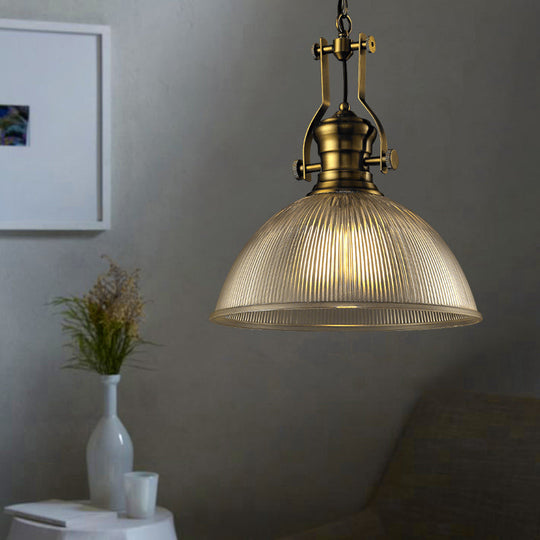 Industrial Dome Pendant Light - 12"/15" Wide - Ribbed Glass - Brass - Dining Room