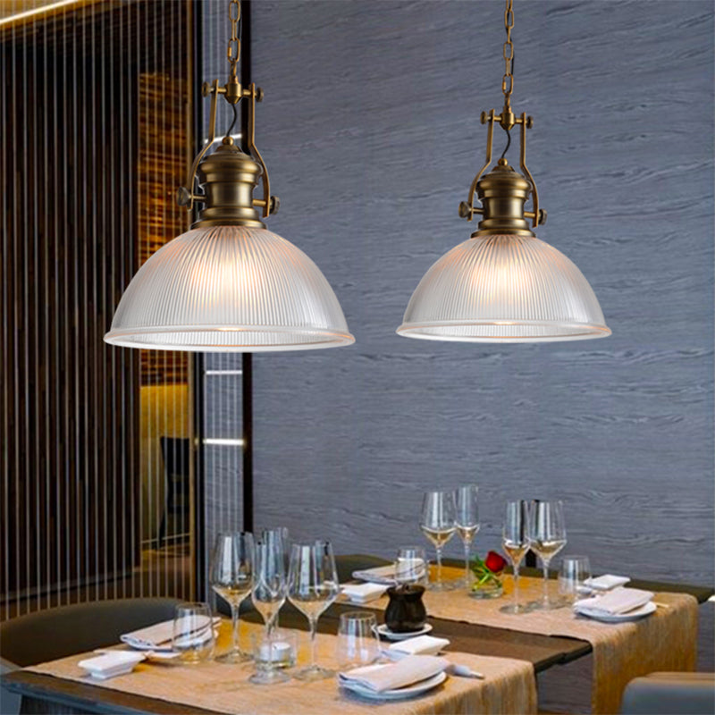 Wide Dome Pendant Light - 12/15 Industrial 1-Light Ribbed Glass Hanging Lamp In Brass For Dining