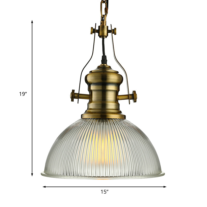 Industrial Dome Pendant Light - 12"/15" Wide - Ribbed Glass - Brass - Dining Room