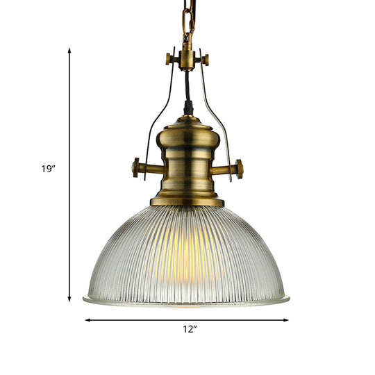 Industrial Dome Pendant Light - 12"/15" Wide - Ribbed Glass - Brass - Dining Room