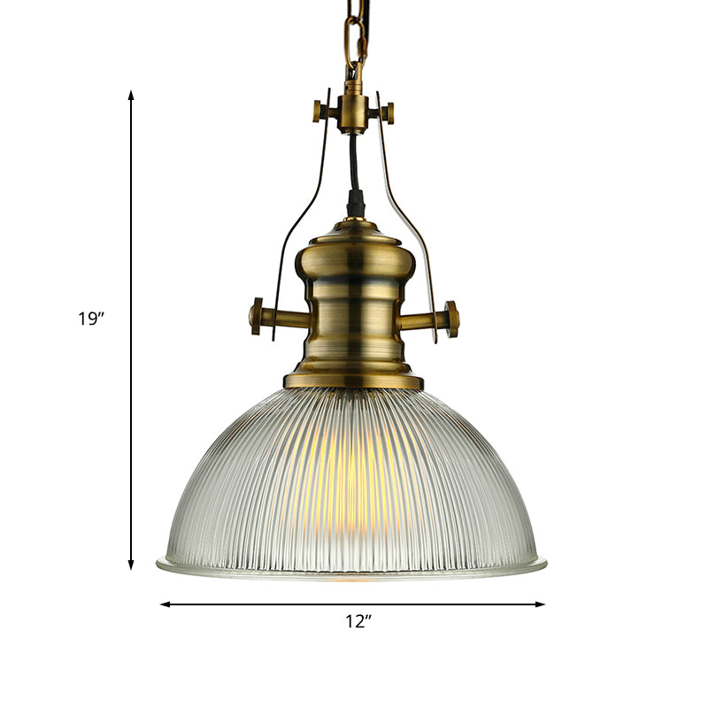 Wide Dome Pendant Light - 12/15 Industrial 1-Light Ribbed Glass Hanging Lamp In Brass For Dining