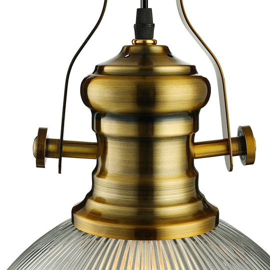 Wide Dome Pendant Light - 12/15 Industrial 1-Light Ribbed Glass Hanging Lamp In Brass For Dining