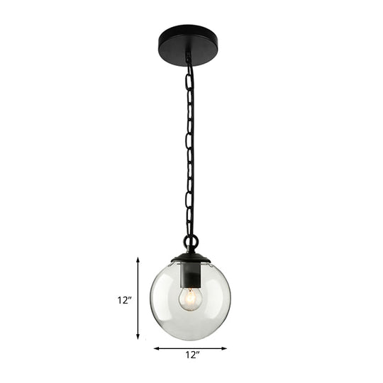 Farmhouse Clear Glass Single-Bulb Pendant Ceiling Light - Black Globe Design, 8"/10"/12" Wide - Ideal for Dining Room with Chain