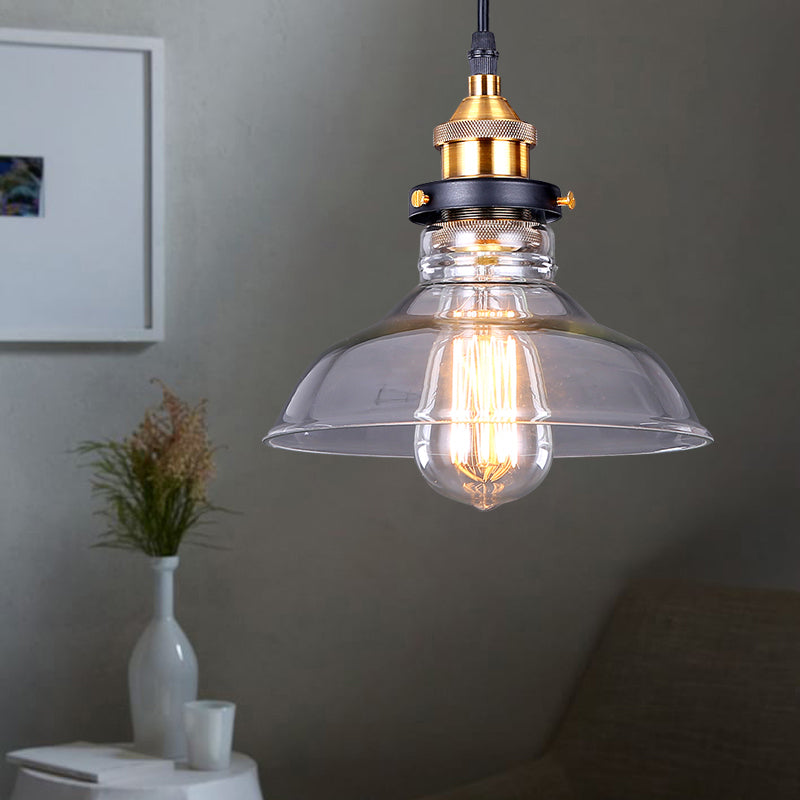 Industrial Dome Pendant Light - Single-Bulb Brass With Brown/Clear Glass 8/10/11 Wide Clear / 8