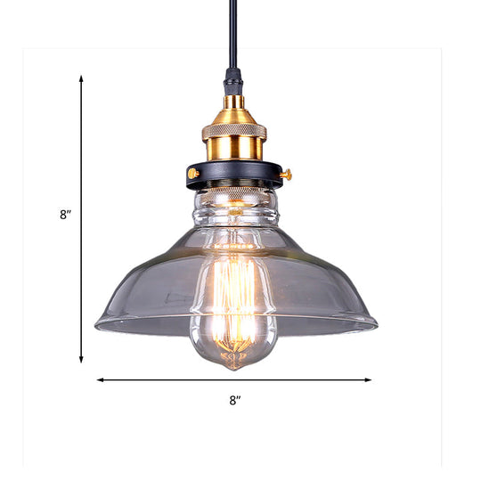 Industrial Dome Pendant Light - Single-Bulb Brass Hanging Lamp with Brown/Clear Glass - 8"/10"/11" Wide