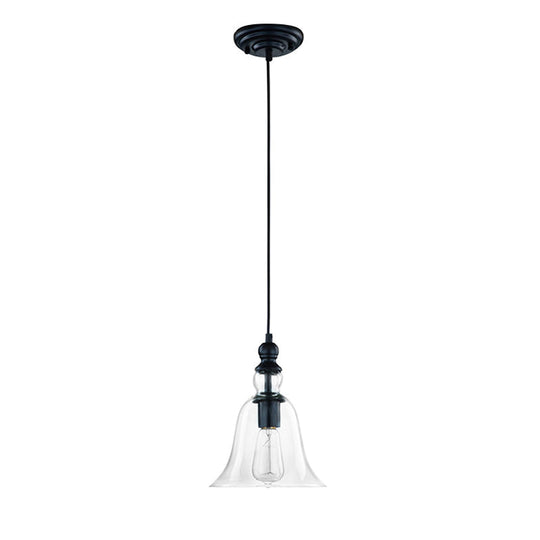 Industrial Flared Ceiling Light - Black And Clear Glass Pendant Lighting Fixture For Dining Room