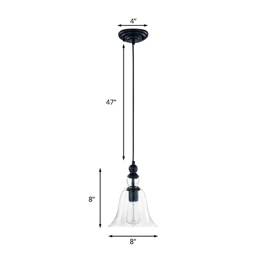 Industrial Flared Ceiling Light - Black And Clear Glass Pendant Lighting Fixture For Dining Room