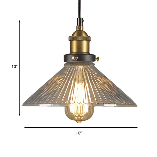 Industrial Cone Ribbed Glass Pendant Light In Black/Clear For Dining Room Ceiling