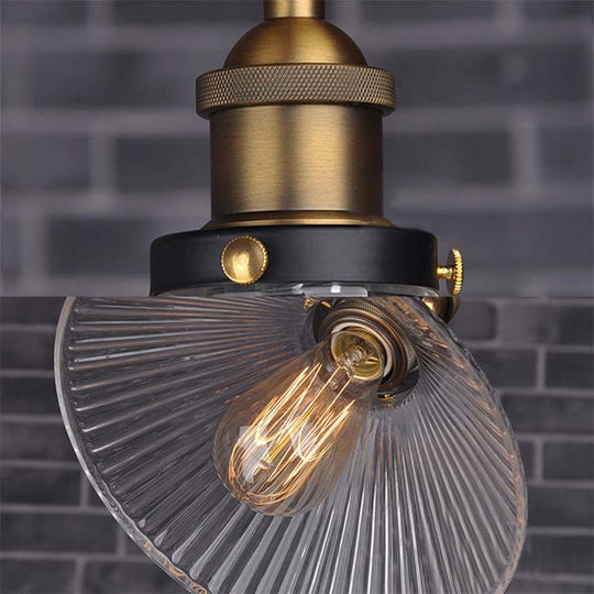 Industrial Cone Ribbed Glass Pendant Light In Black/Clear For Dining Room Ceiling