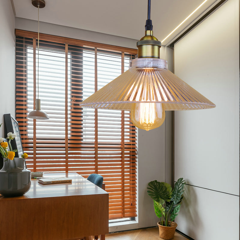 Industrial Cone Ribbed Glass Pendant Light In Black/Clear For Dining Room Ceiling Clear