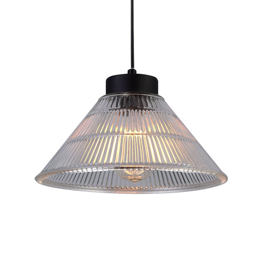 Farmhouse Ribbed Glass Cone Pendant Ceiling Light with Black/Brass Finish - Single-Bulb Hanging Lamp for Dining Room