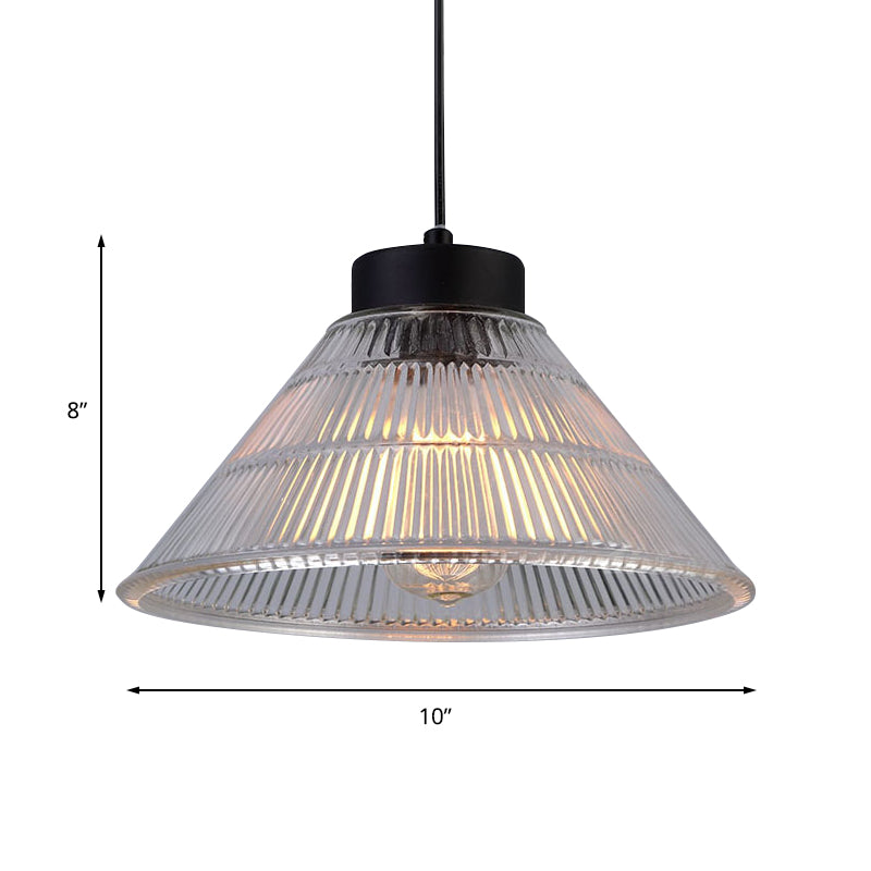 Farmhouse Ribbed Glass Cone Pendant Ceiling Light with Black/Brass Finish - Single-Bulb Hanging Lamp for Dining Room