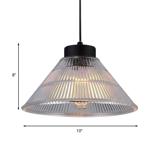 Farmhouse Ribbed Glass Cone Pendant Ceiling Light with Black/Brass Finish - Single-Bulb Hanging Lamp for Dining Room