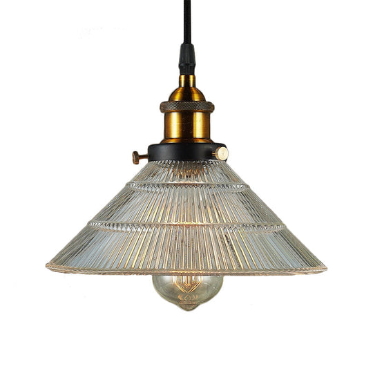 Farmhouse Ribbed Glass Cone Pendant Ceiling Light with Black/Brass Finish - Single-Bulb Hanging Lamp for Dining Room