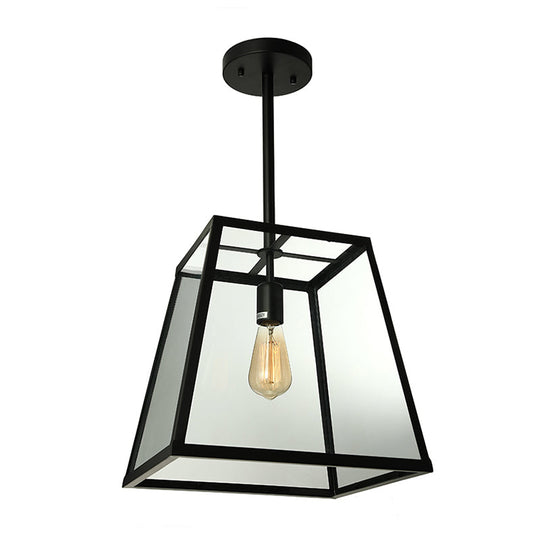 Black Industrial Trapezoid Pendant Light with Clear Glass - 12" / 14" Wide