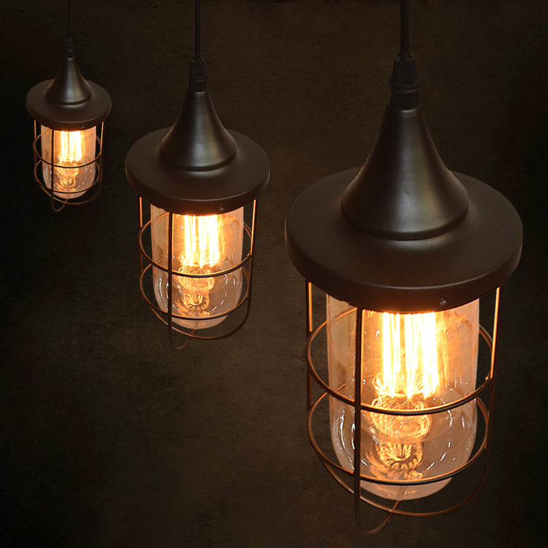 Farmhouse Black Pendant Ceiling Light with Clear Glass and Caged Design for Living Room