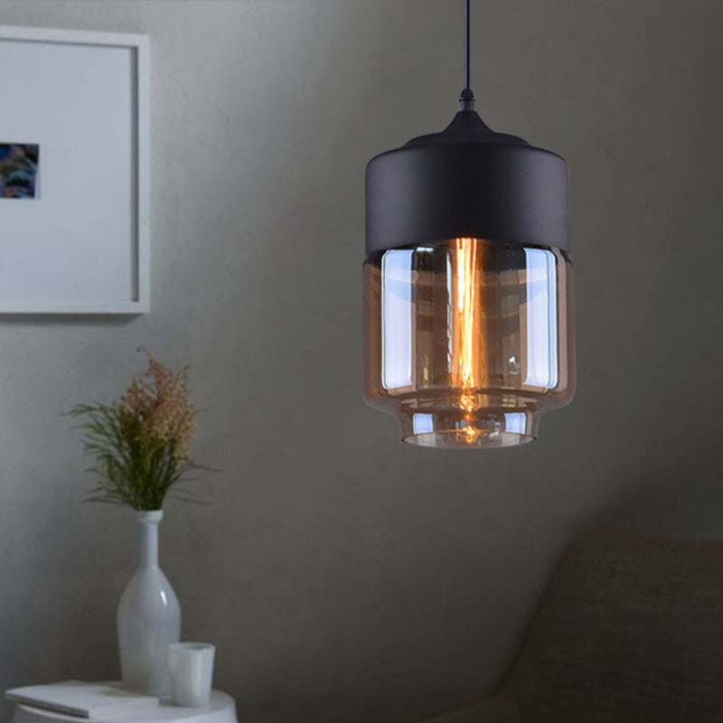 Industrial Cylinder Pendant Light with Brown Glass Shade - 1-Light Hanging Ceiling Fixture in Black, 5"/7"/8" Wide