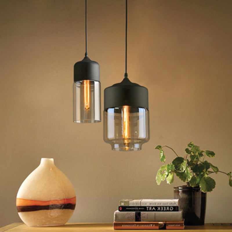 Industrial Cylinder Pendant Light with Brown Glass Shade - 1-Light Hanging Ceiling Fixture in Black, 5"/7"/8" Wide