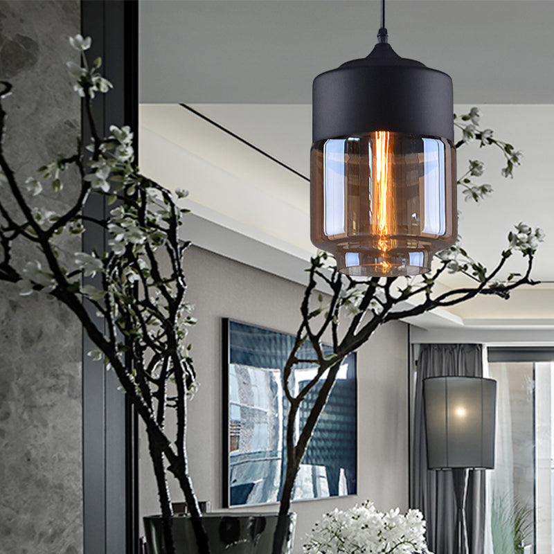 Industrial Cylinder Pendant Light with Brown Glass Shade - 1-Light Hanging Ceiling Fixture in Black, 5"/7"/8" Wide