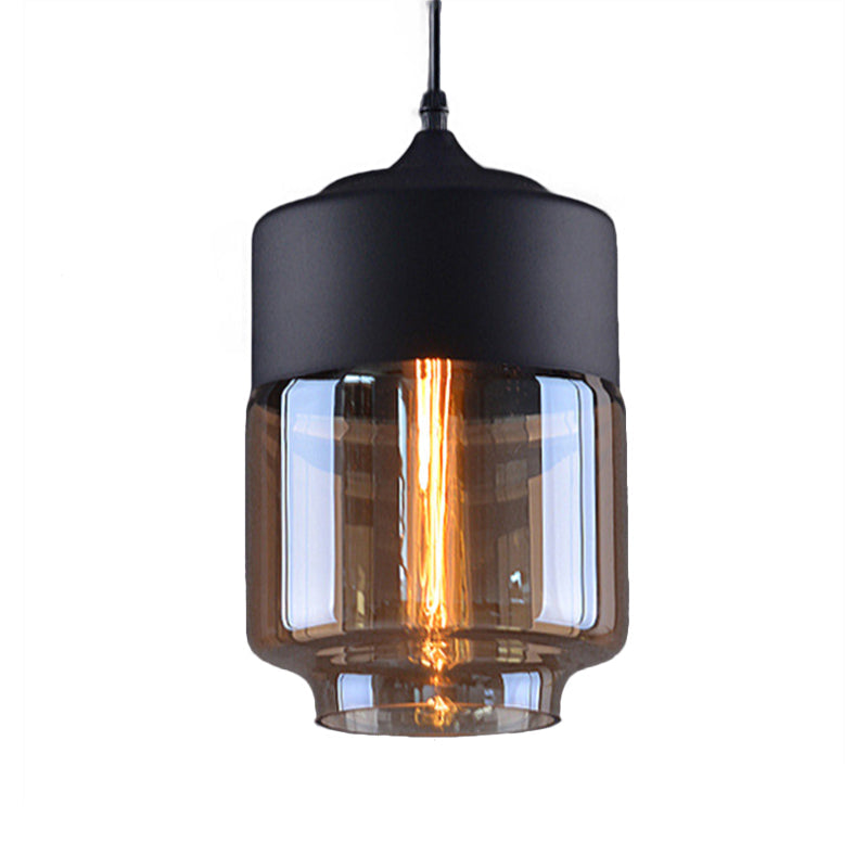 Industrial Cylinder Pendant Light with Brown Glass Shade - 1-Light Hanging Ceiling Fixture in Black, 5"/7"/8" Wide