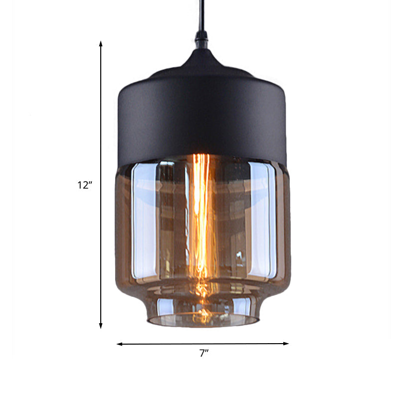 Industrial Cylinder Pendant Light with Brown Glass Shade - 1-Light Hanging Ceiling Fixture in Black, 5"/7"/8" Wide